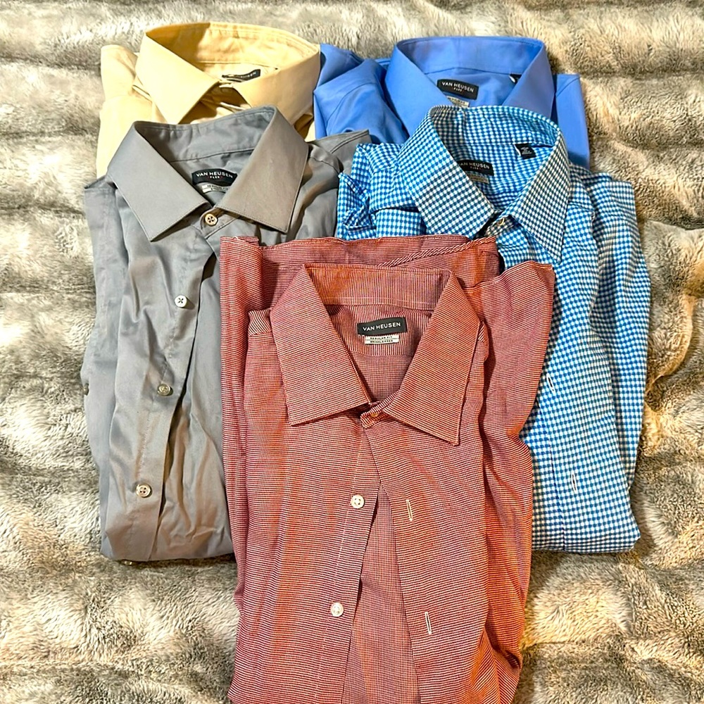Lot of 5 Van Heusen Men's Button Down Dress Shirts Flex Regular Fit 17-34/35